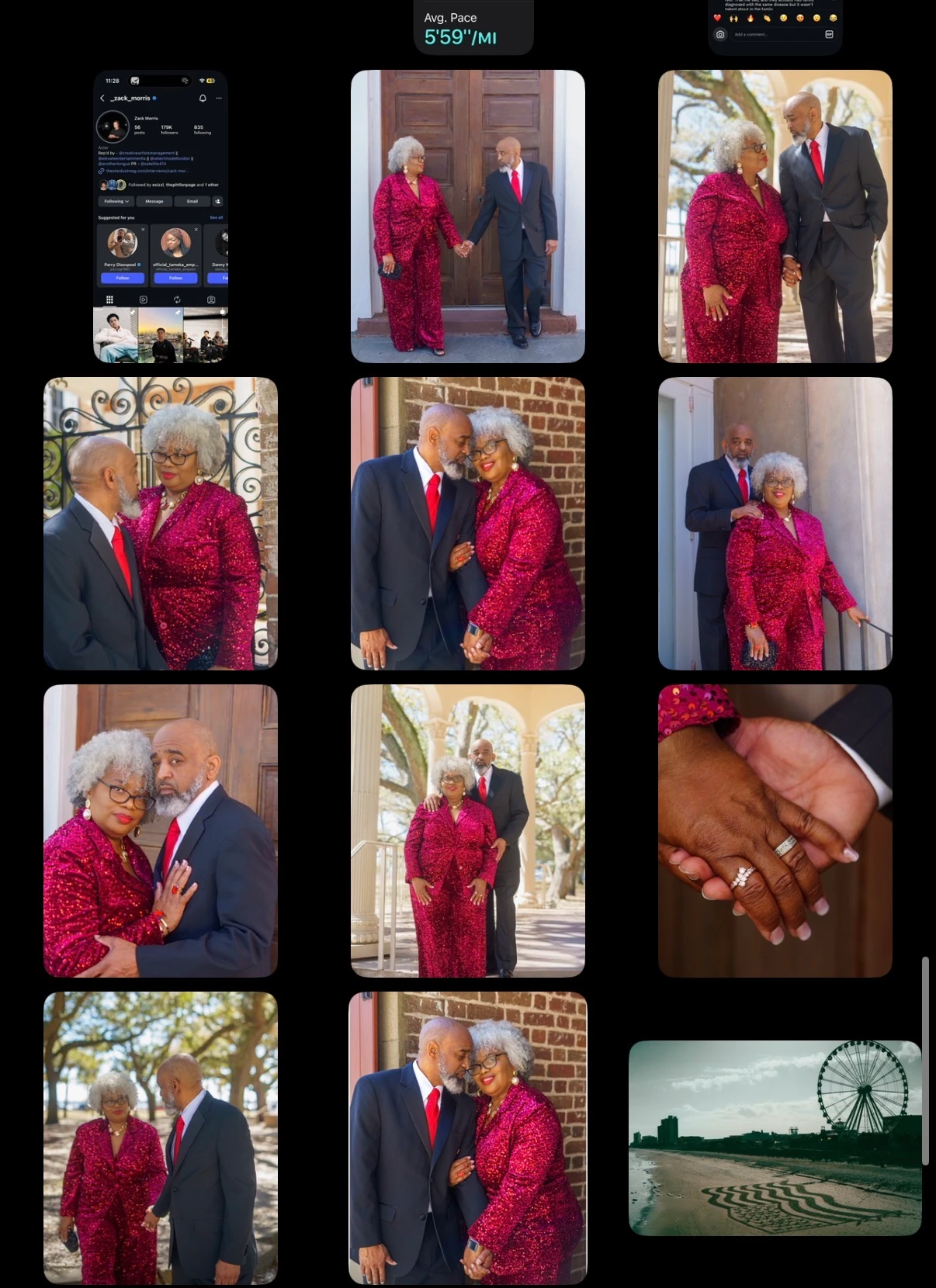 Elegant anniversary couple in downtown Charleston - woman in red sequin dress and man in dark suit with red tie standing in front of ornate wooden doors