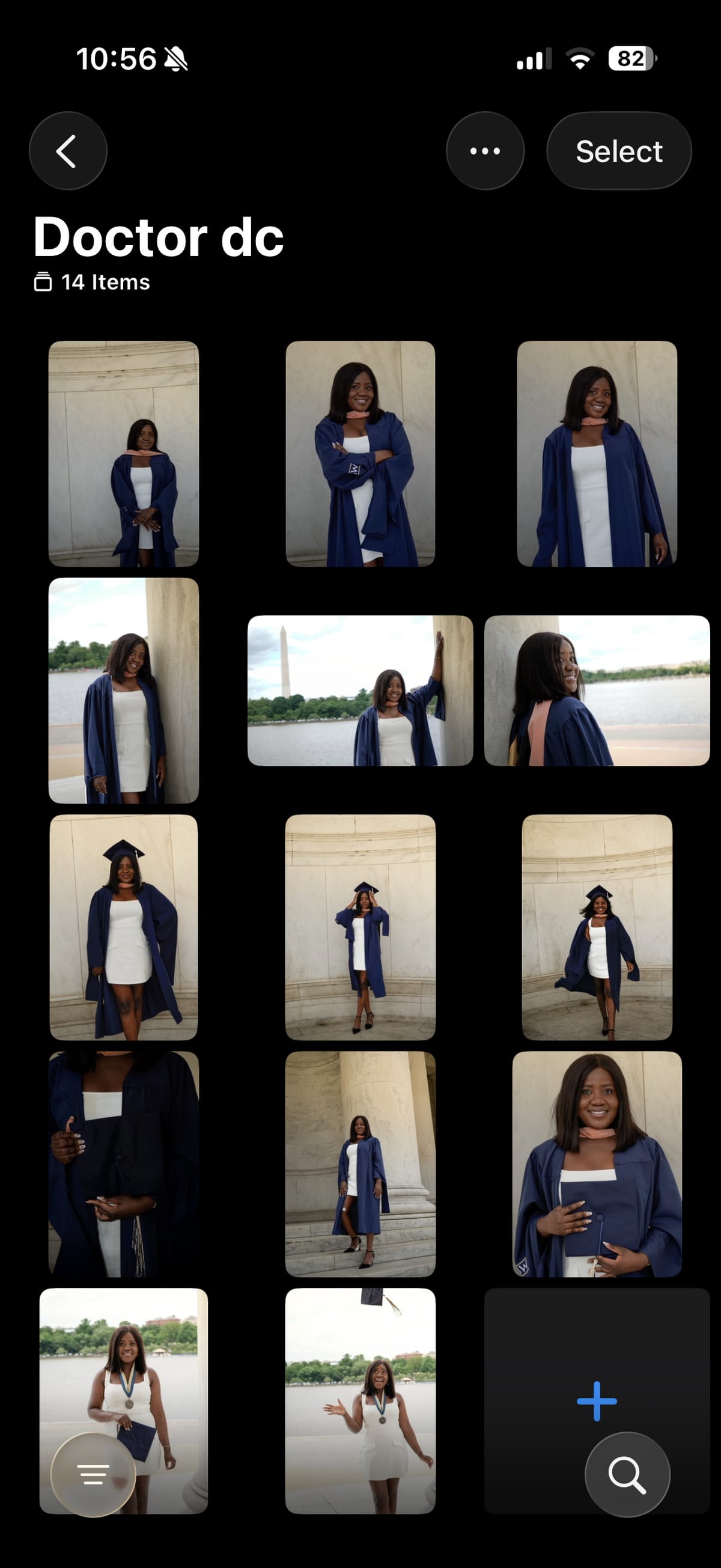 Masters graduation portrait at DC monuments with Washington Monument in background, woman in blue cap and gown by Joshua Smith photographer