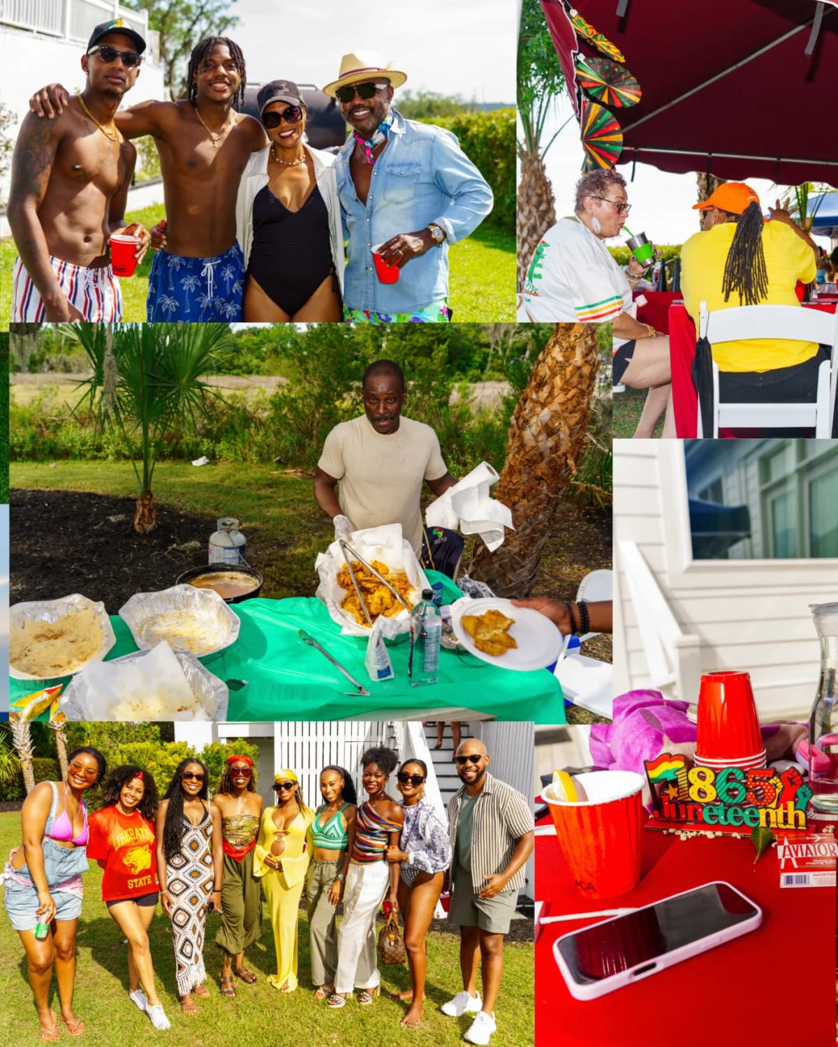 Black joy at a Charleston Juneteenth celebration with guest portraits, food service, red cups, and a Juneteenth table sign