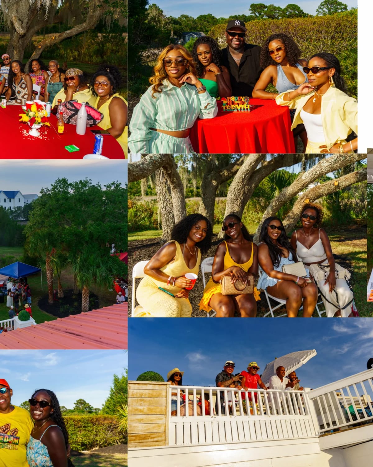 Juneteenth cookout guests in colorful summer clothing gathered around red tables and under live oak trees in Charleston