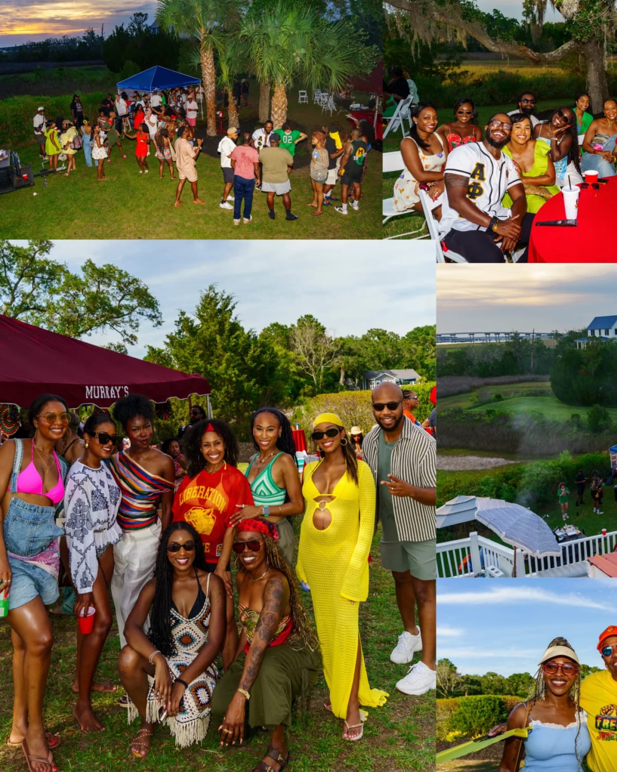Charleston Juneteenth event photography collage with a James Island crowd, red tables, group portraits, oak trees, and marsh views