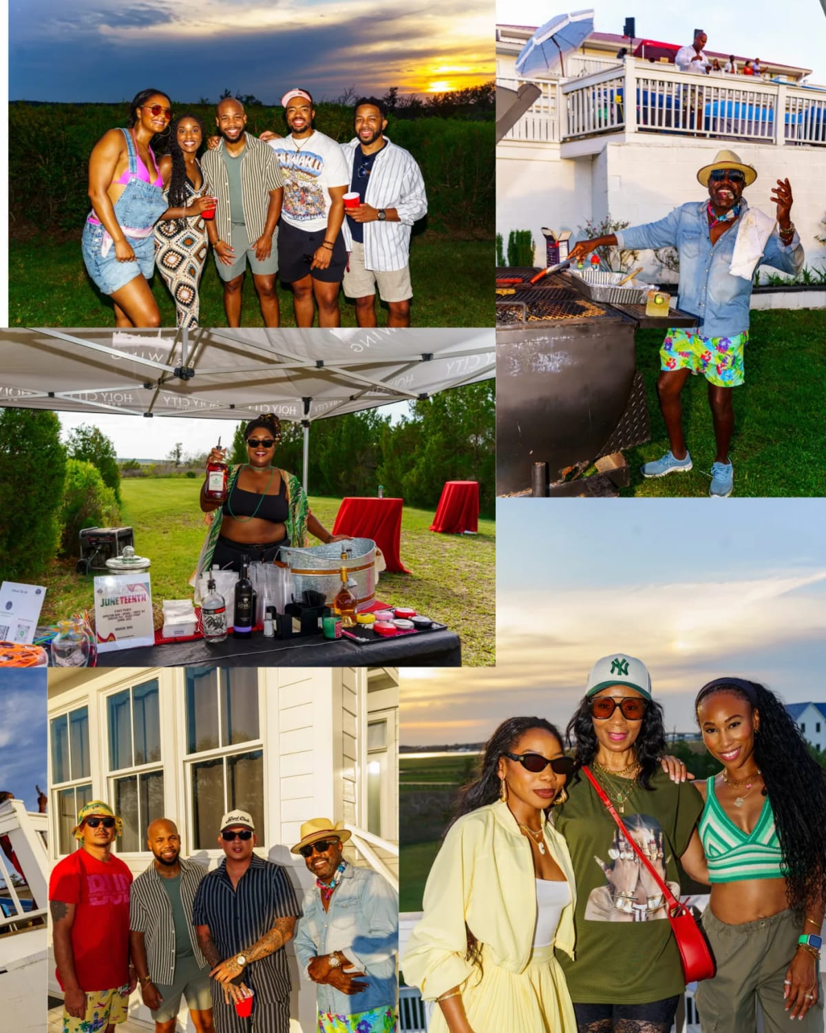 James Island Juneteenth cookout collage with sunset portraits, bartender, grill, and Charleston event guests