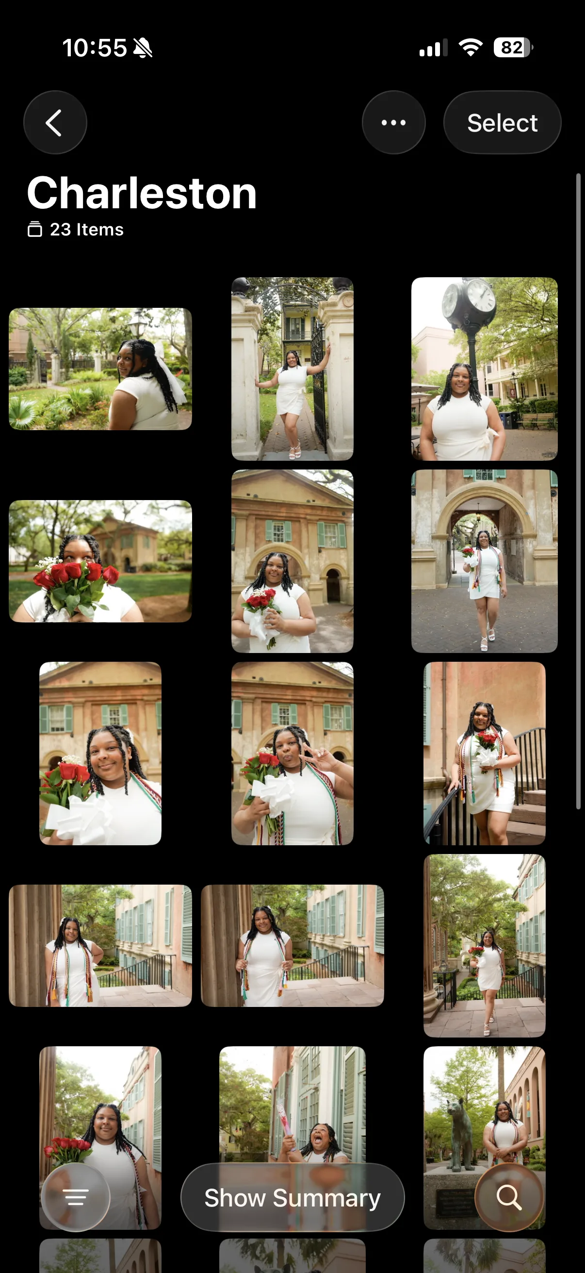 Elegant graduation portrait in Charleston historic district with white dress and roses by Joshua Smith photographer