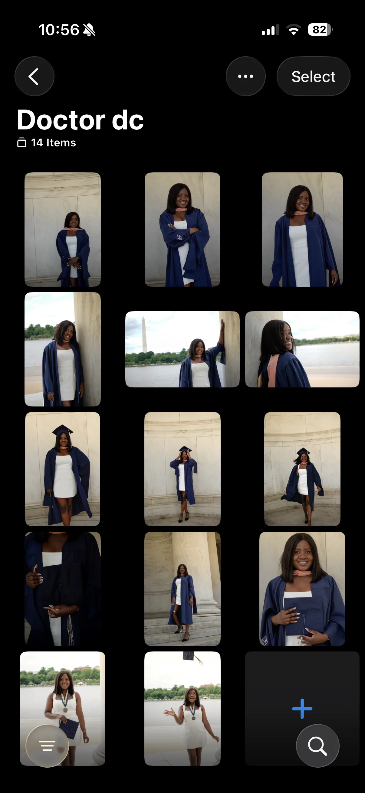 Masters graduation portrait at DC monuments with Washington Monument in background, woman in blue cap and gown by Joshua Smith photographer
