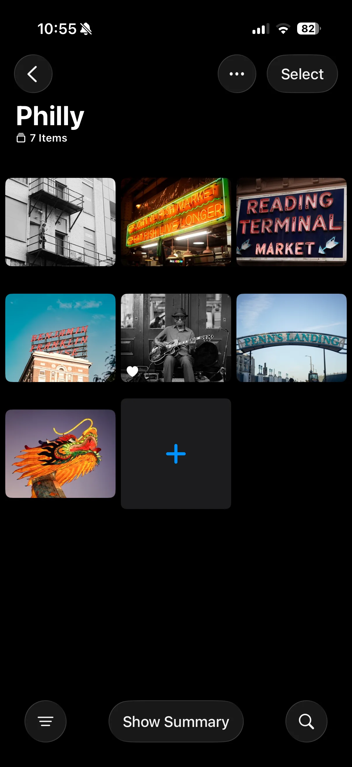 Philadelphia street photography collage showing Reading Terminal Market neon sign, Chinatown dragon statue, and black and white urban scenes by Joshua Smith photographer